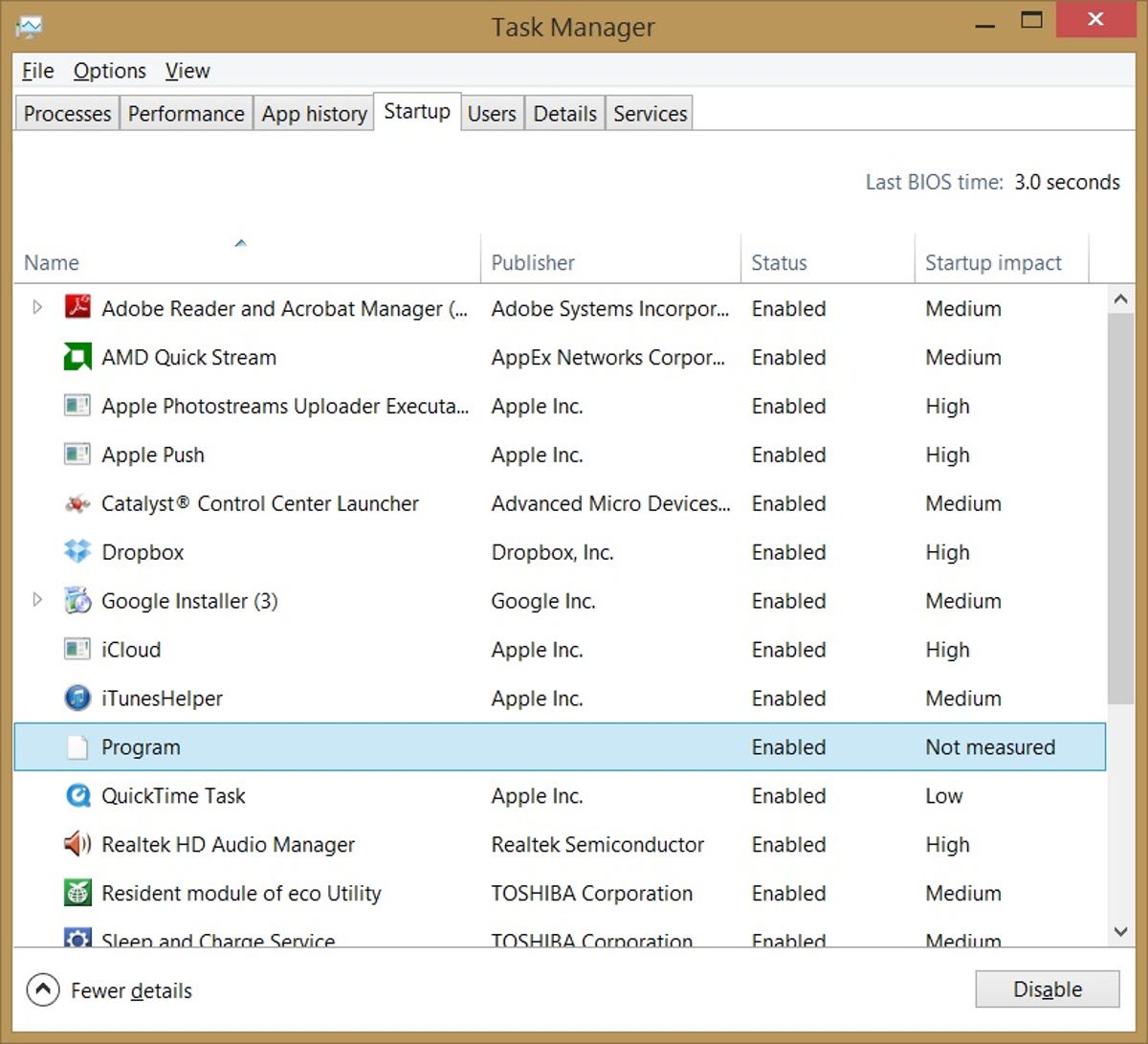 Windows 8.1 Task Manager Startup tab