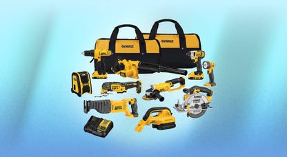 A 10-tool power tool set from DeWalt is displayed against a blue background.