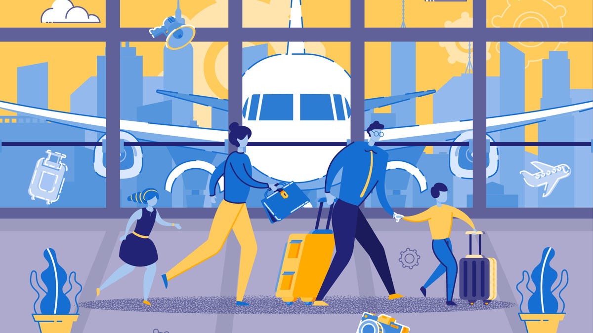 an illustration of a four-person family walking through an airport with an airplane outside the window behind them