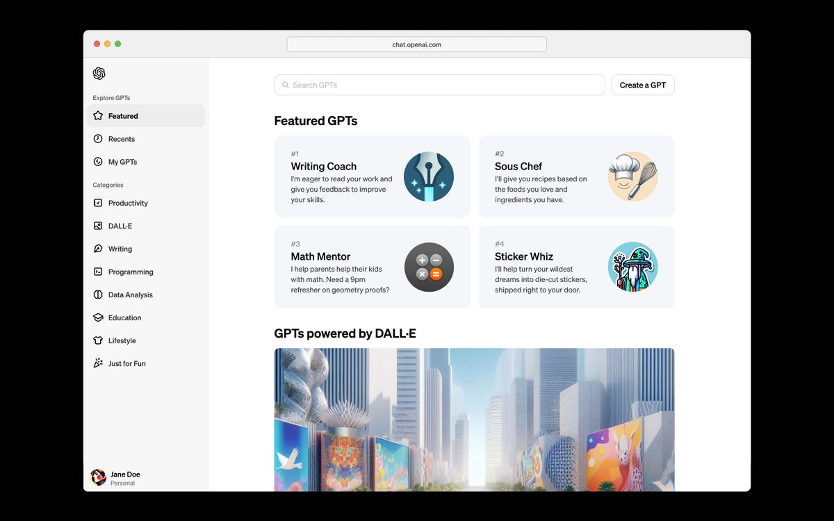 A screenshot of OpenAI's planned app store for GPTs, its term for custom AI tools. At the top are four featured tools for writing, math, cooking and creating stickers. Below is a link to GPTs powered by OpenAI's Dall-E image creation tool.