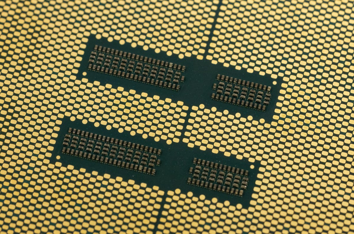 This close-up photo of the bottom of the Sapphire Rapids Xeon server chip shows how densely packed the metal contact patches are for data and power links.