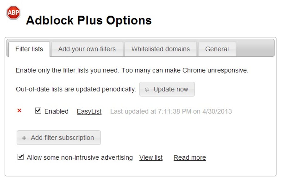 Adblock Plus for Chrome settings dialog