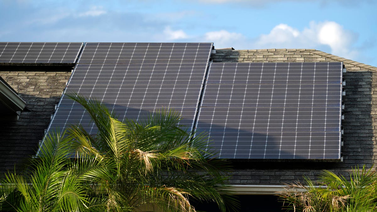 Solar panels on top of a home with palm trees in front.