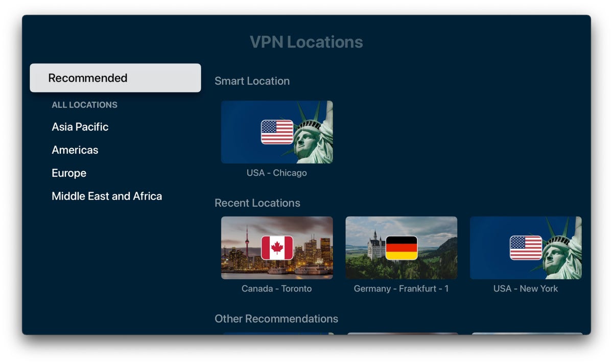 ExpressVPN Apple TV app server selection screen