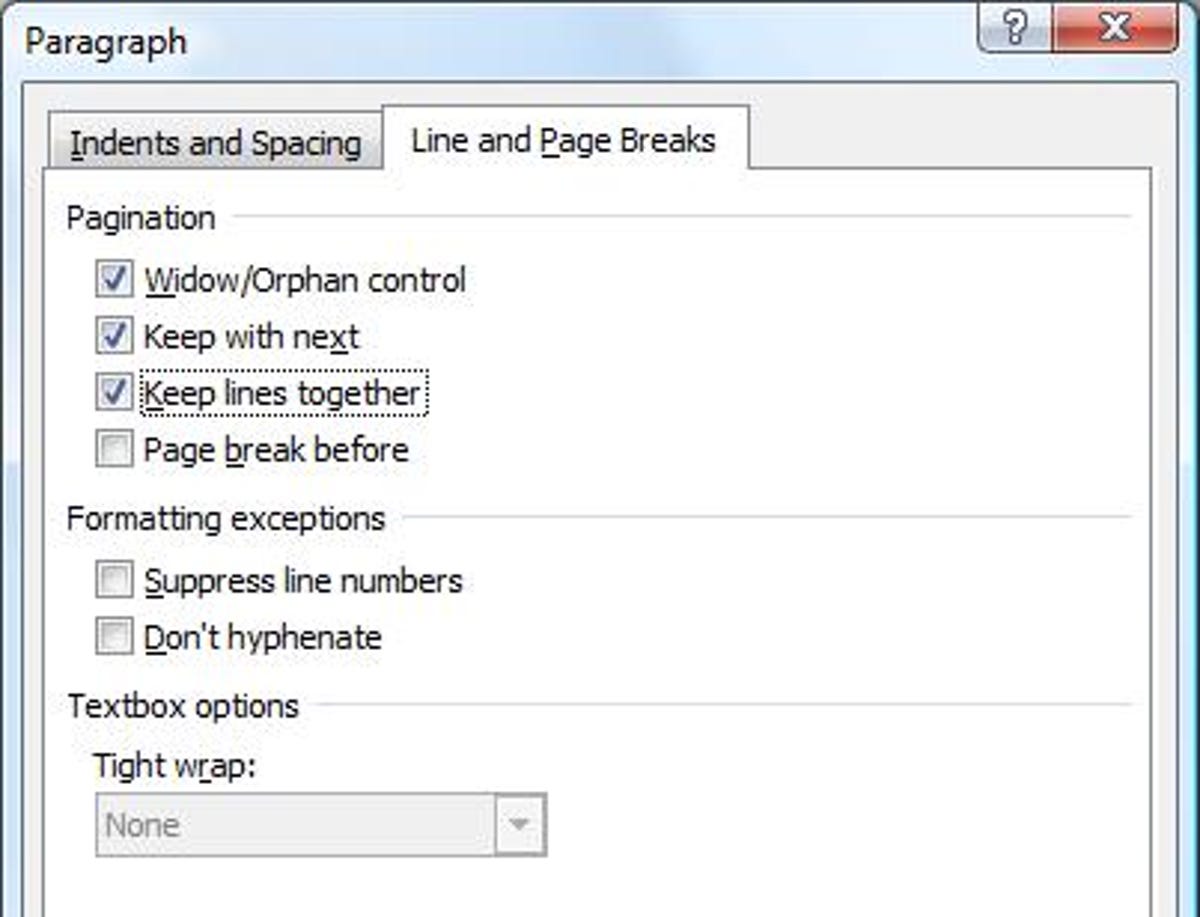 The Line and Page Breaks options in Microsoft Word's Paragraph dialog box