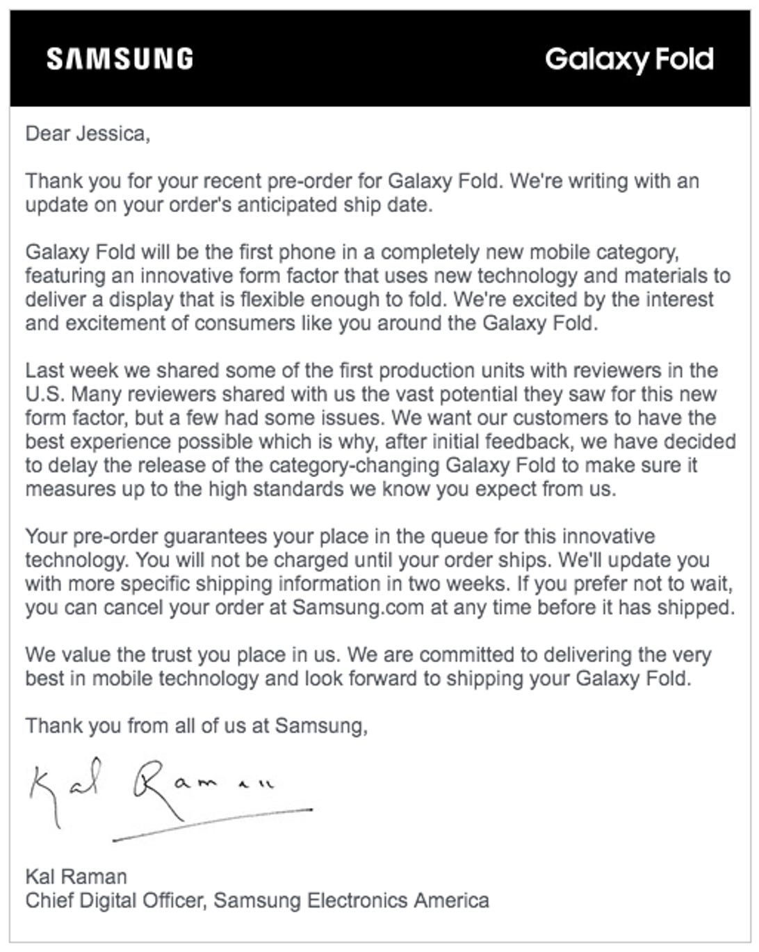 Galaxy Fold - Samsung email to preorder customers