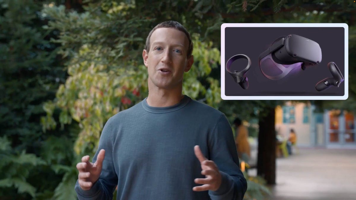 Mark Zuckerberg with, inset, Meta Quest 2 headset