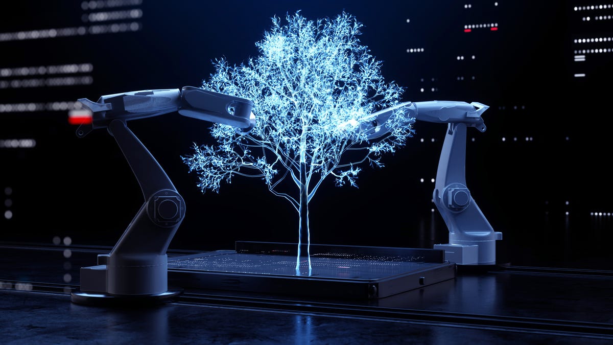 Digitally-generated image of two robot arms drawing a hologram of a tree