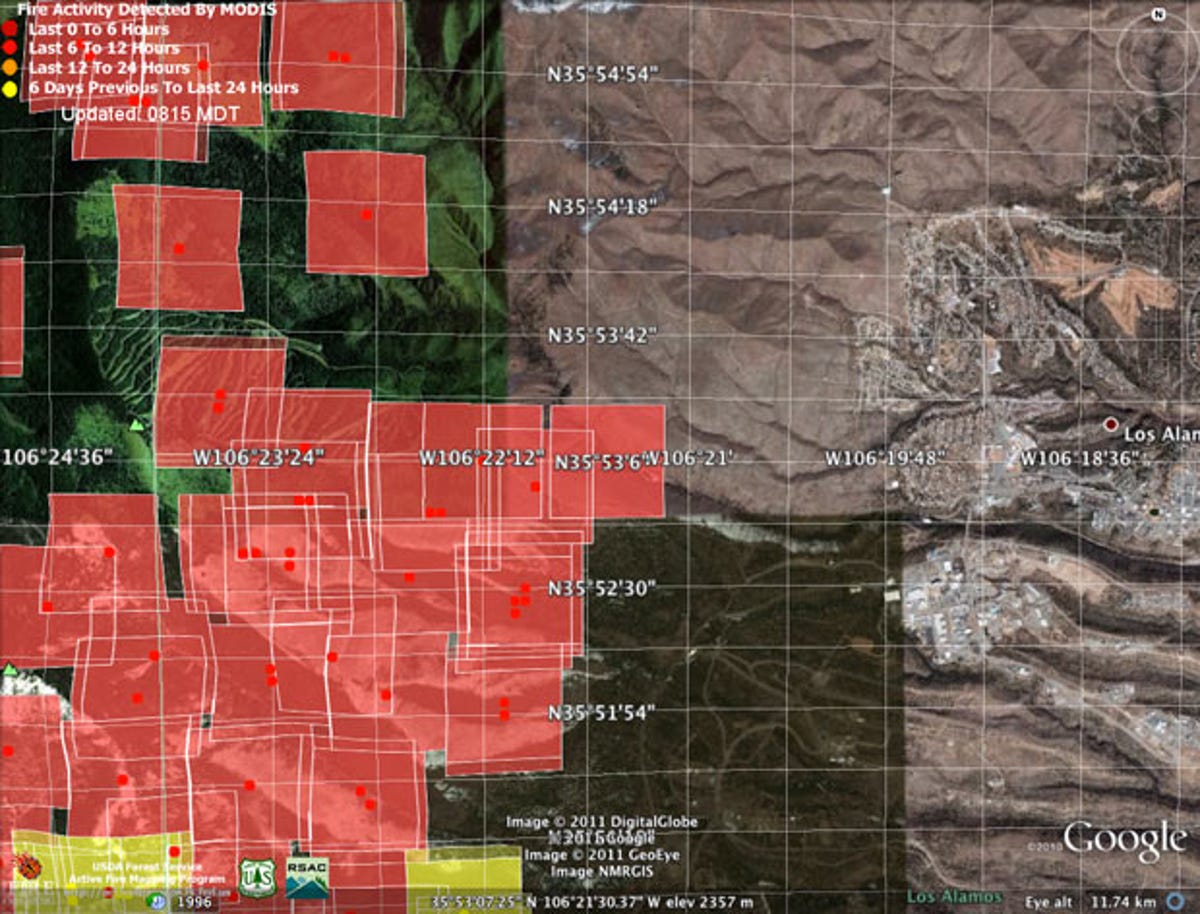 There was debate whether the Las Conchas fire had made it to the Pajarito Mountain Ski Area in the mountains immediately west of Los Alamos, a forested area that survived the 2000 Cerro Grande fire. This satellite data, viewed in Google Earth, eliminated any doubts that it had, though it left many details unclear.