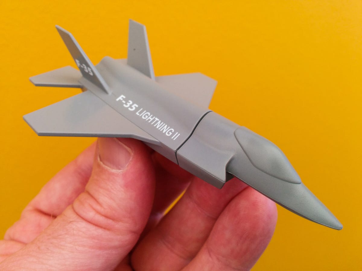 So far the only F-35 to make it to the Farnborough International Airshow is this USB drive used to store electronic press kits.