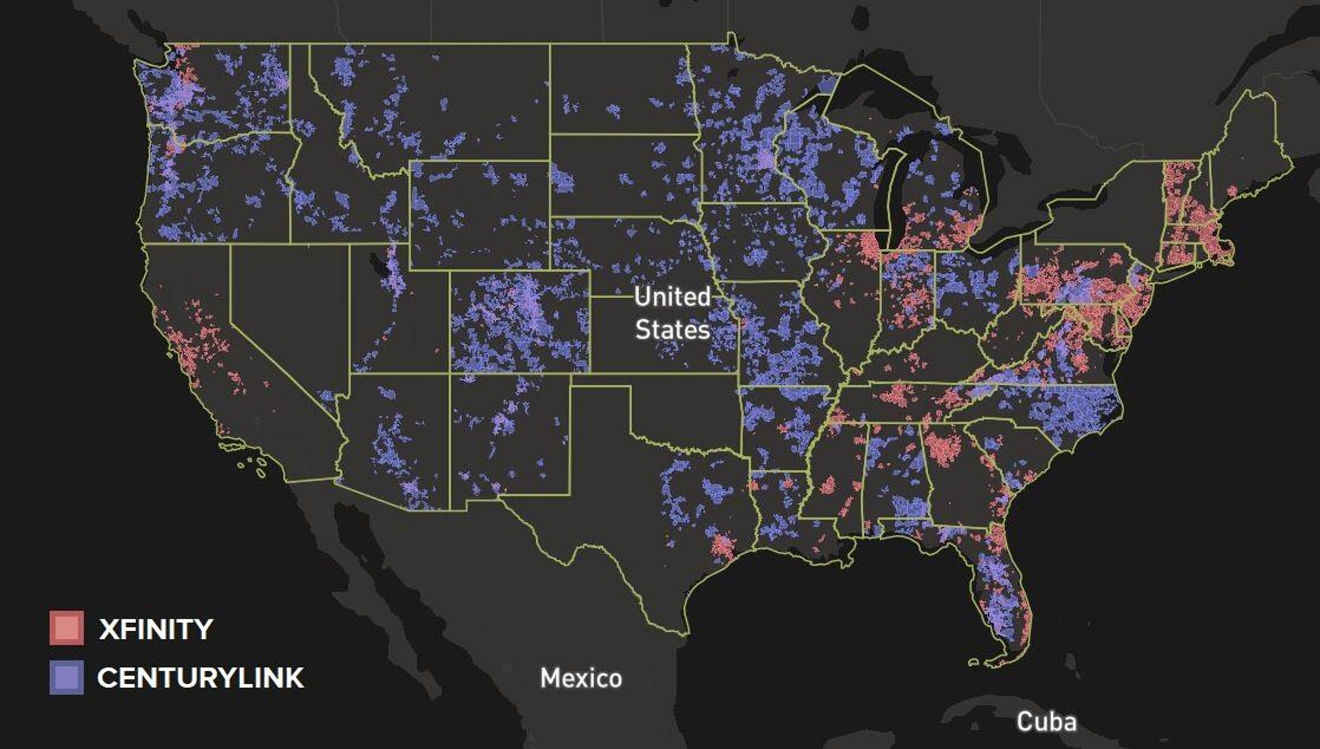 A coverage map showing the differences such as CenturyLink's broader coverage