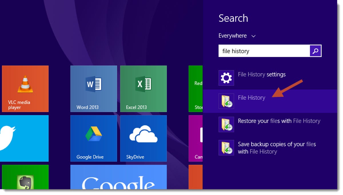 Windows 8.1 file history search