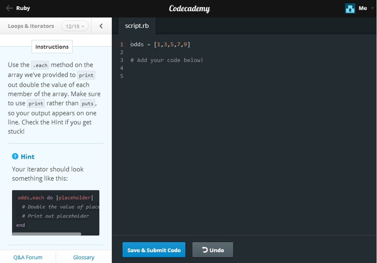 Codecademy Ruby tutorial: loops and iterators