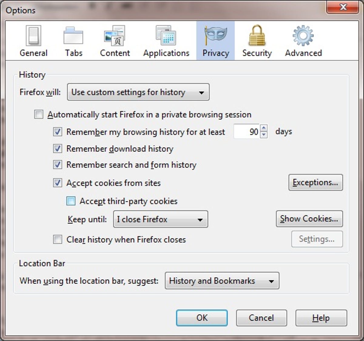 Firefox Privacy Options dialog box