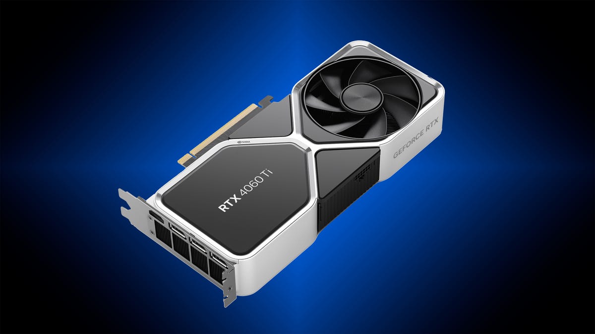 Nvidia GeForce RTX 4060 Ti product rendering against a blue and black diamond gradent