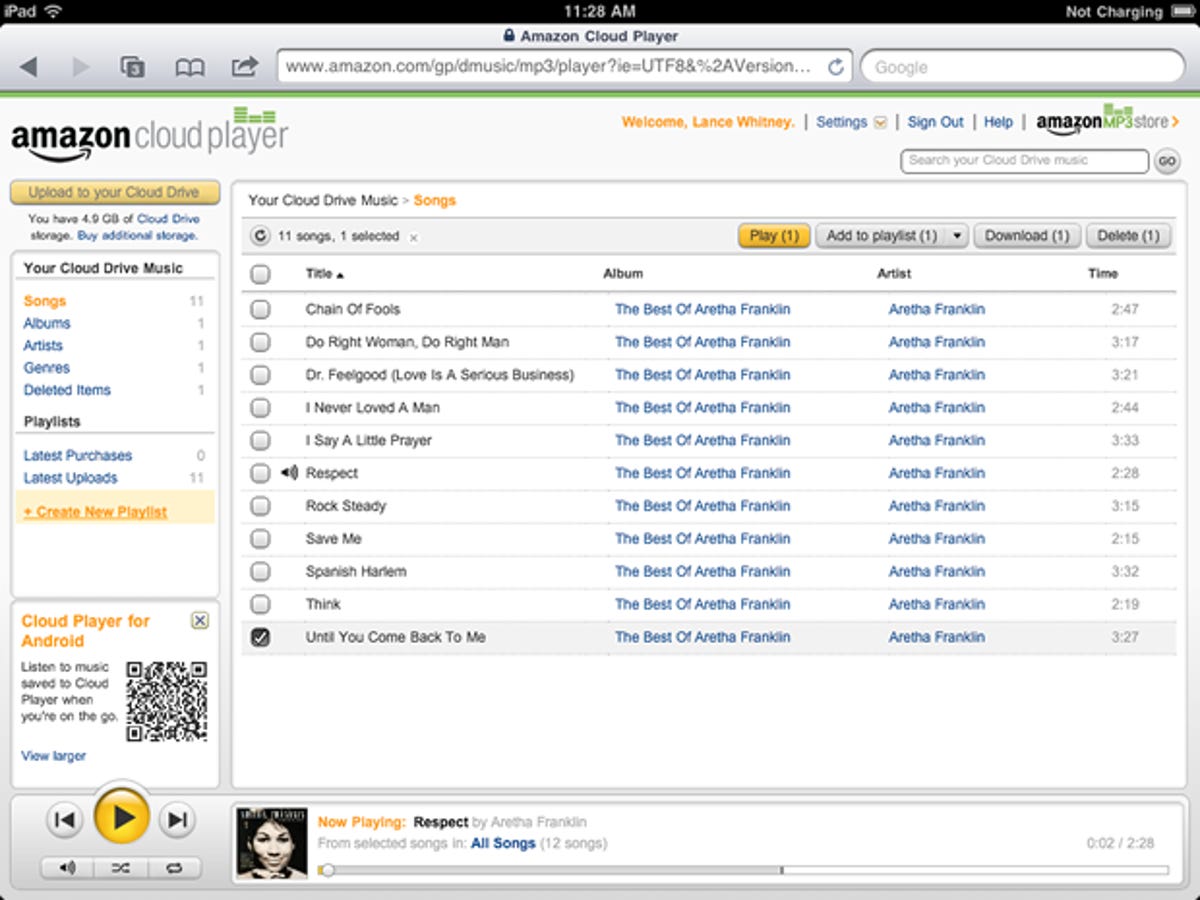 Listening to a little Aretha through Amazon's Cloud Player on the iPad.