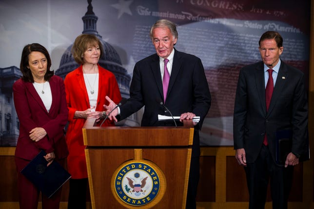 Sen. Ed Markey speaks during a news conference on a petition to force a vote on net neutrality on Capitol Hill. Also pictured are senators Maria Cantwell, Tina Smith and Richard Blumenthal.