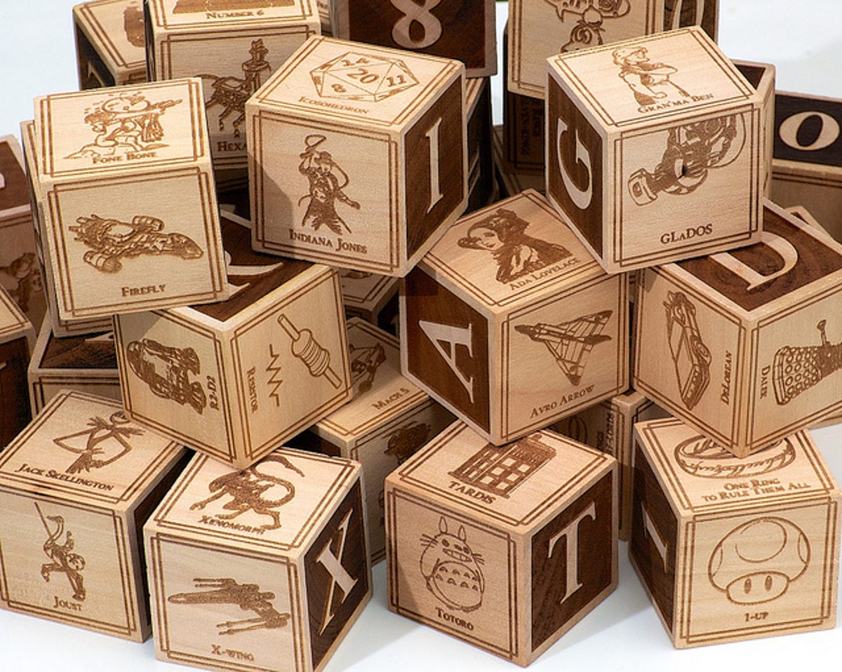 Firefly, Indiana Jones, Star Wars, scientists and famous robots teach children letters and numbers with this set of alphabet blocks created by Jonathan M. Guberman.