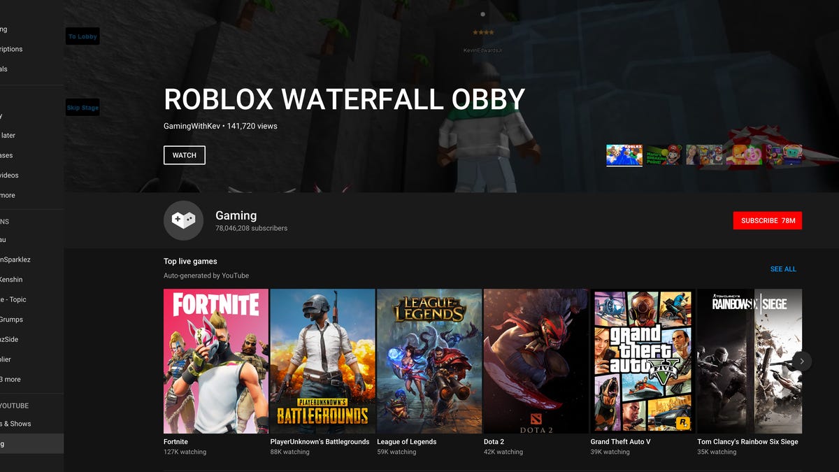 Screenshot of YouTube&apos;s new gaming interface, with tiles of videos on a black background