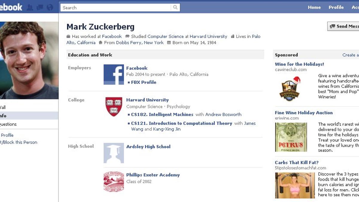 Mark Zuckerberg's profile page as viewed with Facebook's new profile page layout.