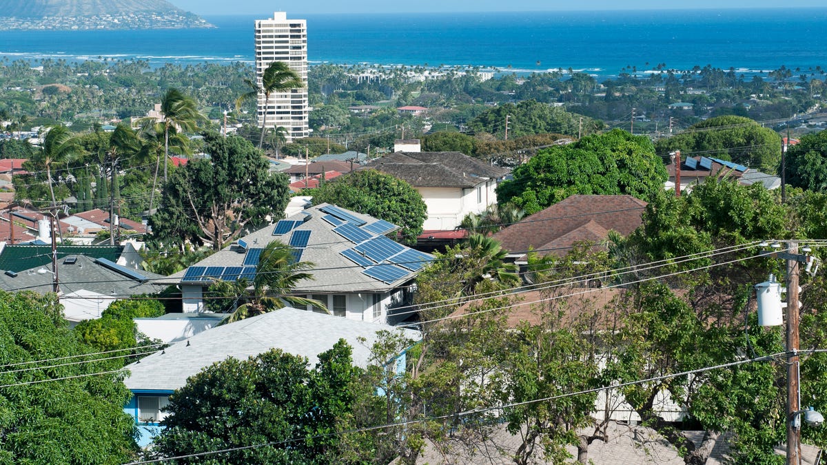 Solar panels on a roof in a Honolulu neighborhood.