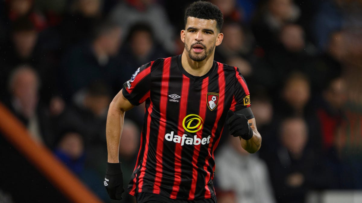 Bournemouth's Dominic Solanke running towards the camera, wearing gloves.