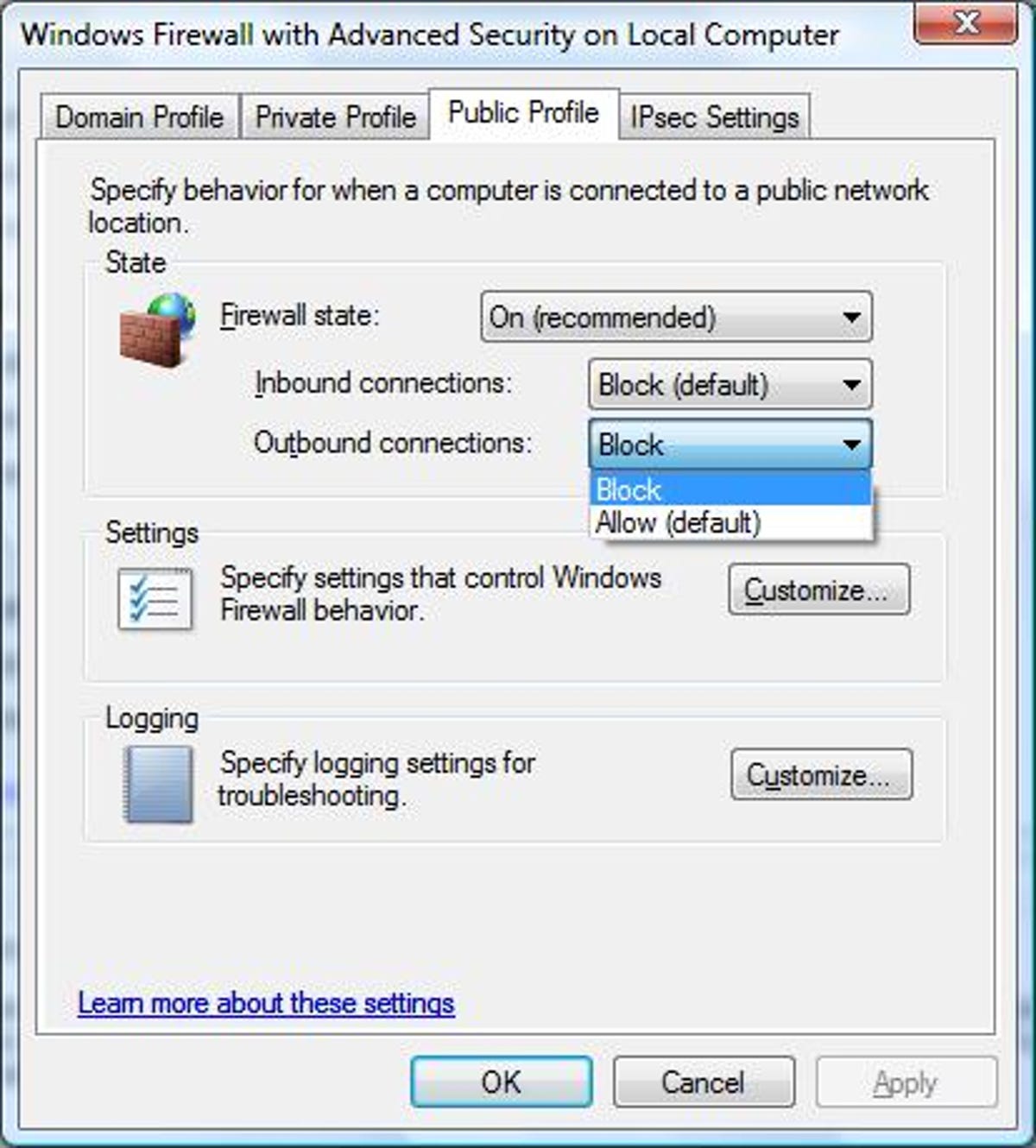 Windows Vista firewall settings