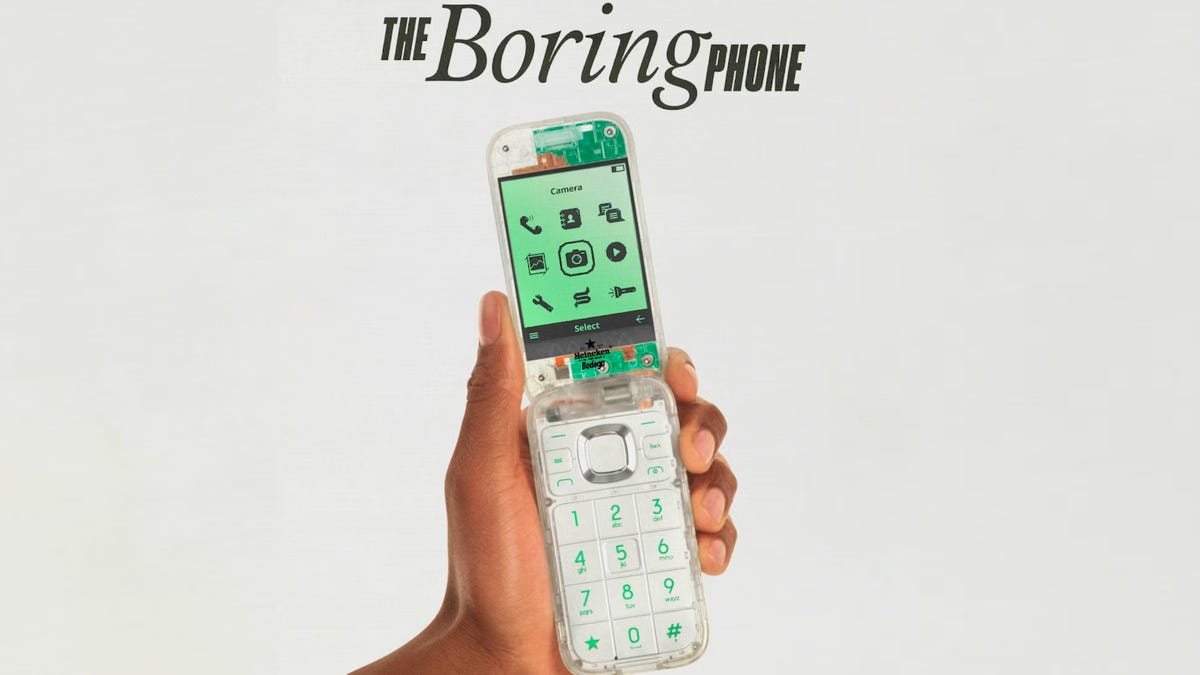 The Boring Phone, an old-fashioned flip phone with a white keypad, green number keys and a green screen