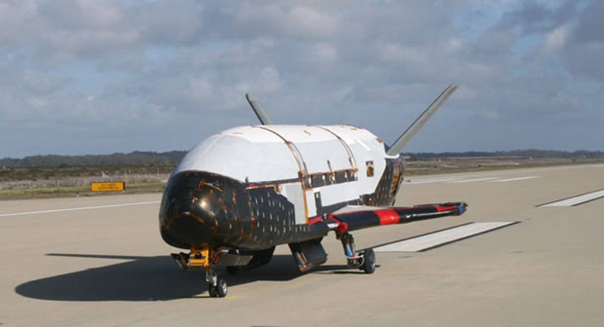 The X-37B Orbital Test Vehicle on the runway.
