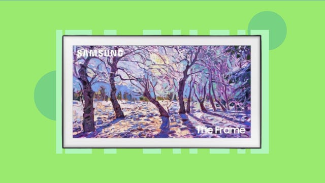 The 85-inch model Samsung QLED The Frame Series 4K TV is displayed against a green background.