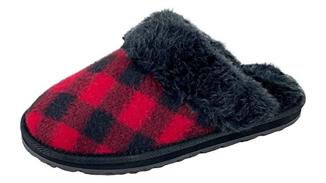 A hard-soled, open-backed slipper with red and black hatch marks.