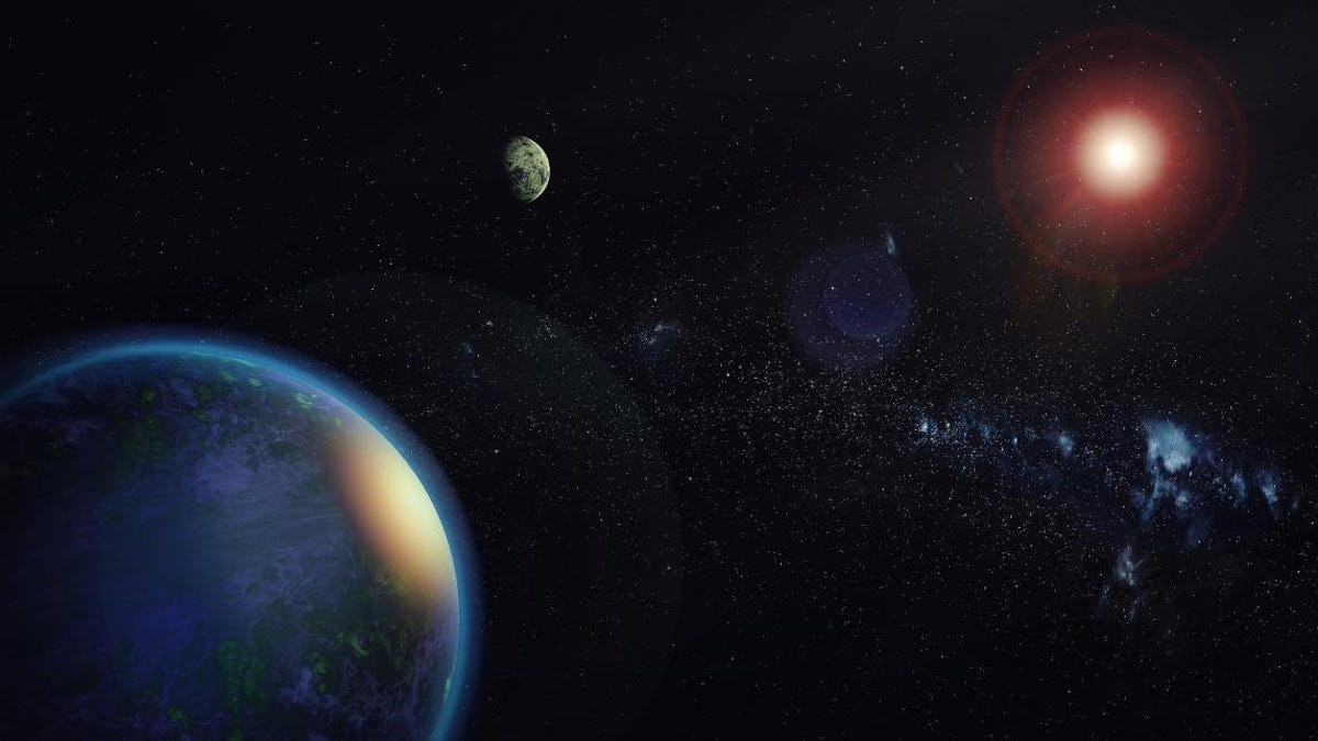 Illustration shows a blue-ish planet in the lower left corner, a more distance rocky planet in the upper middle and a glowing red dwarf star near the upper right.