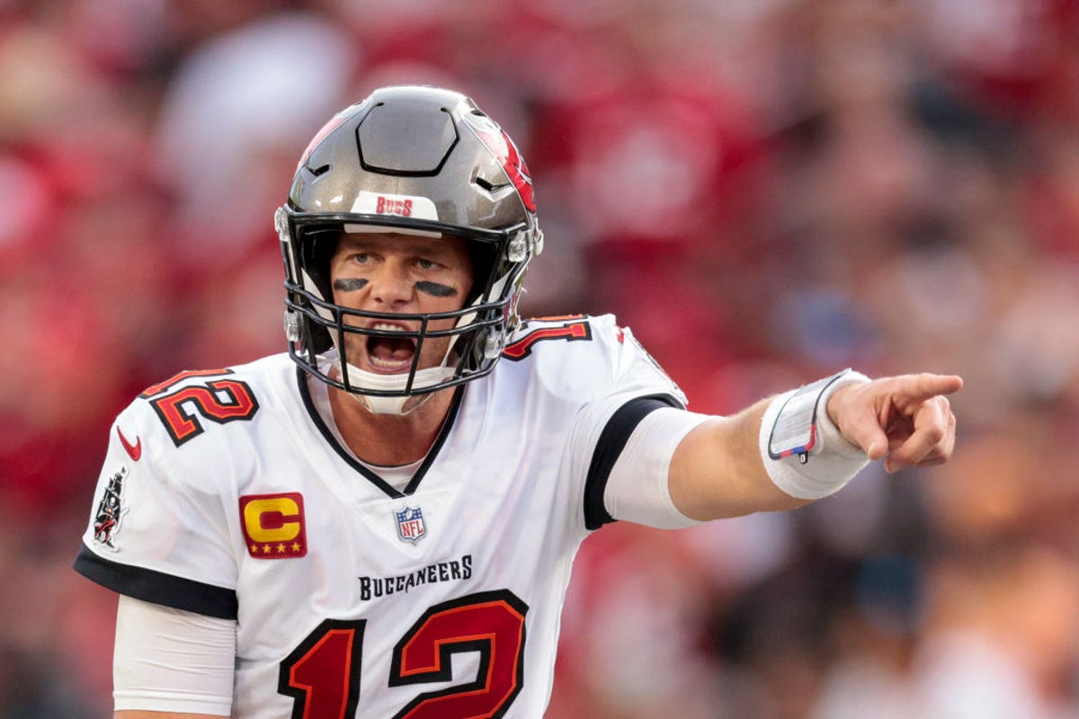 Tampa Bay Buccaneers quarterback Tom Brady shouts and points