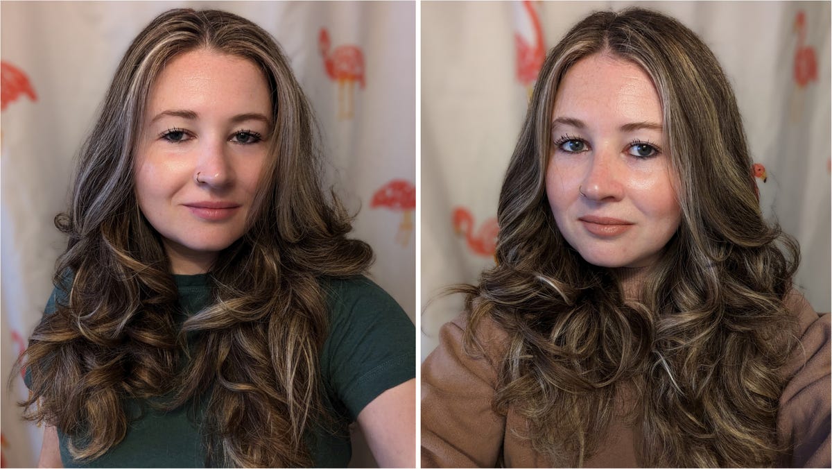 Side-by-side photos of the same woman, with hair styled by the Dyson brush attachment on the left, and the curling barrel on the right.