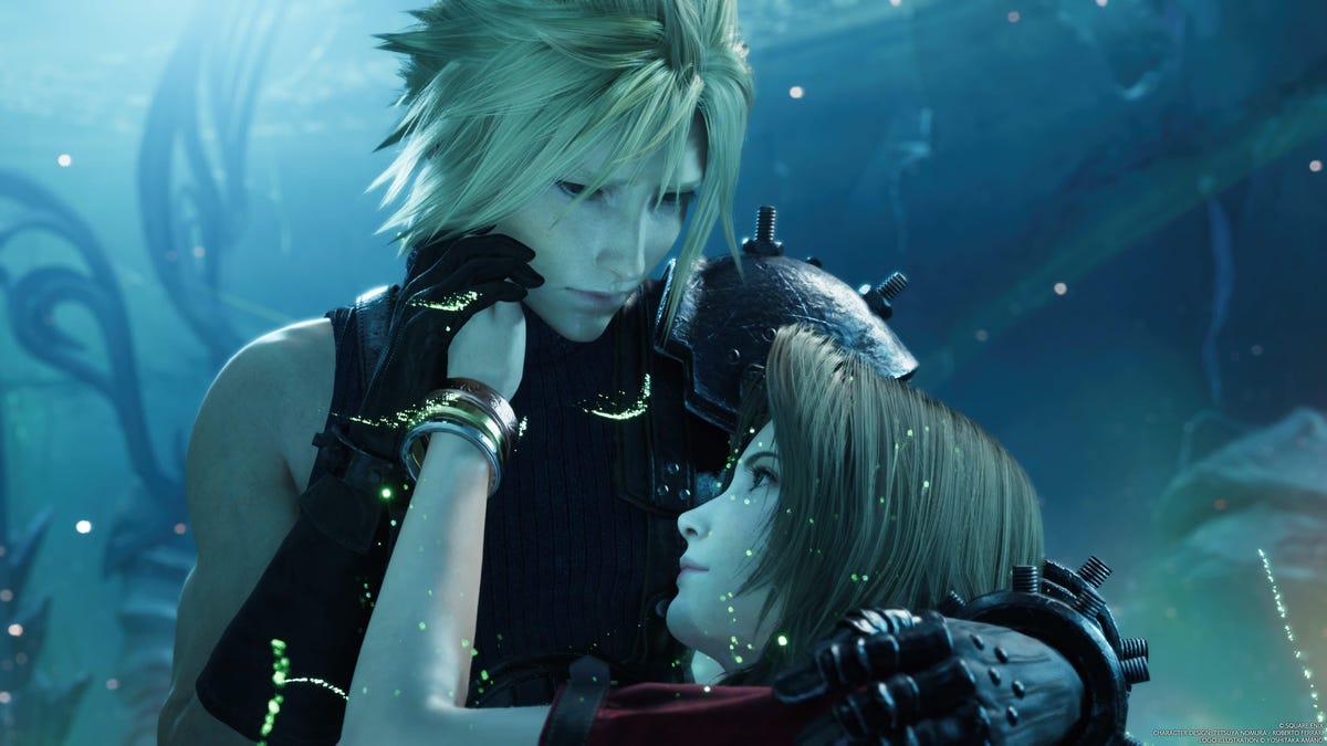 Cloud holds Aerith on the ground as she lays down, Lifestream swirling around her.