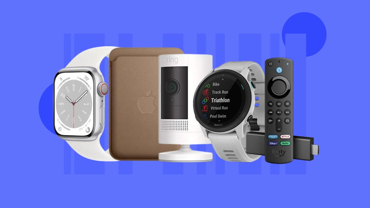 Smartwatches, MagSage wallets, security cameras and streaming devices are displayed against a blue background.