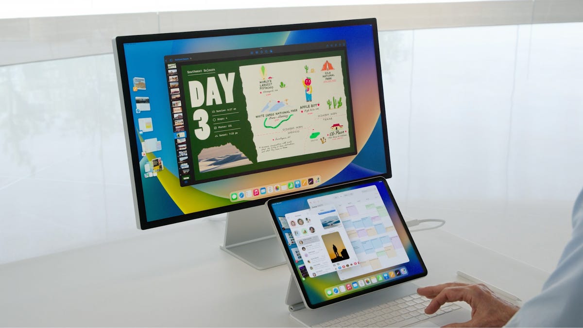 iPad and a monitor, connected together and sharing apps