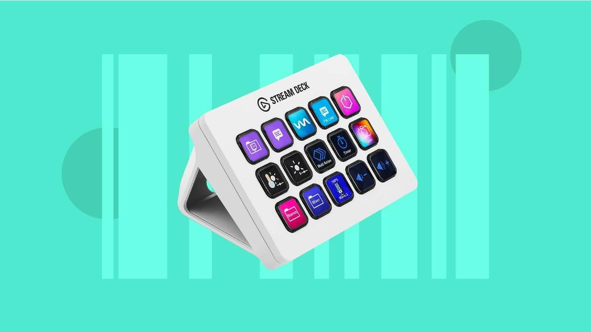 A white Elgato Stream Deck control panel against a green background.