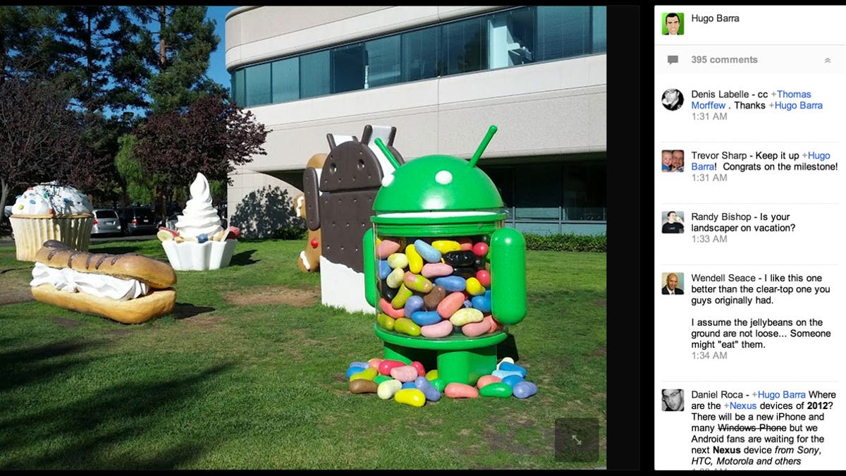 Hugo Bara, Android's director of product management, said the Jelly Bean statue is back on Google's lawn as he announced 500 million device activations.