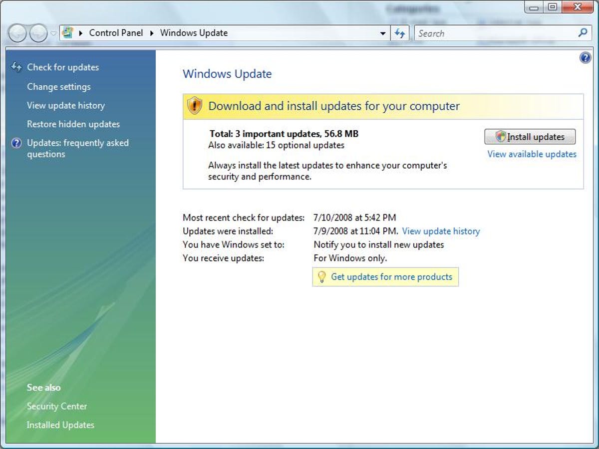 Windows Vista's Windows Update Control Panel applet