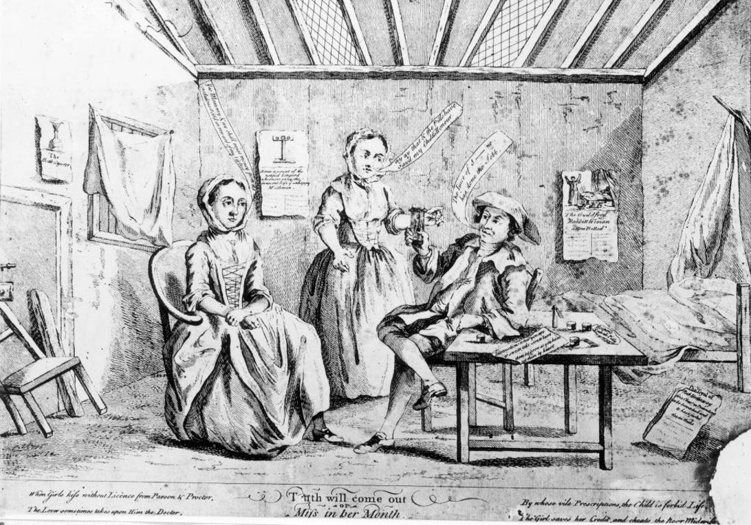 18th century illustration of two women and a doctor, with a written commentary on abortion