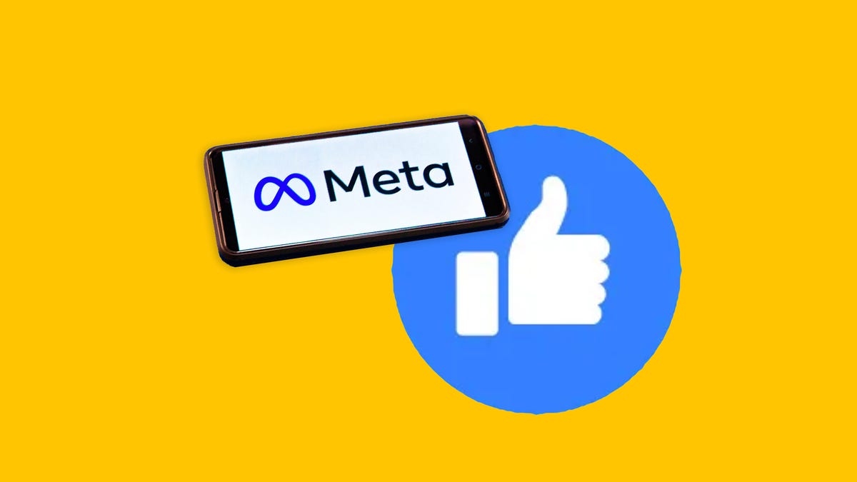 Meta logo on a phone with Facebook thumbs up "like" reaction symbol