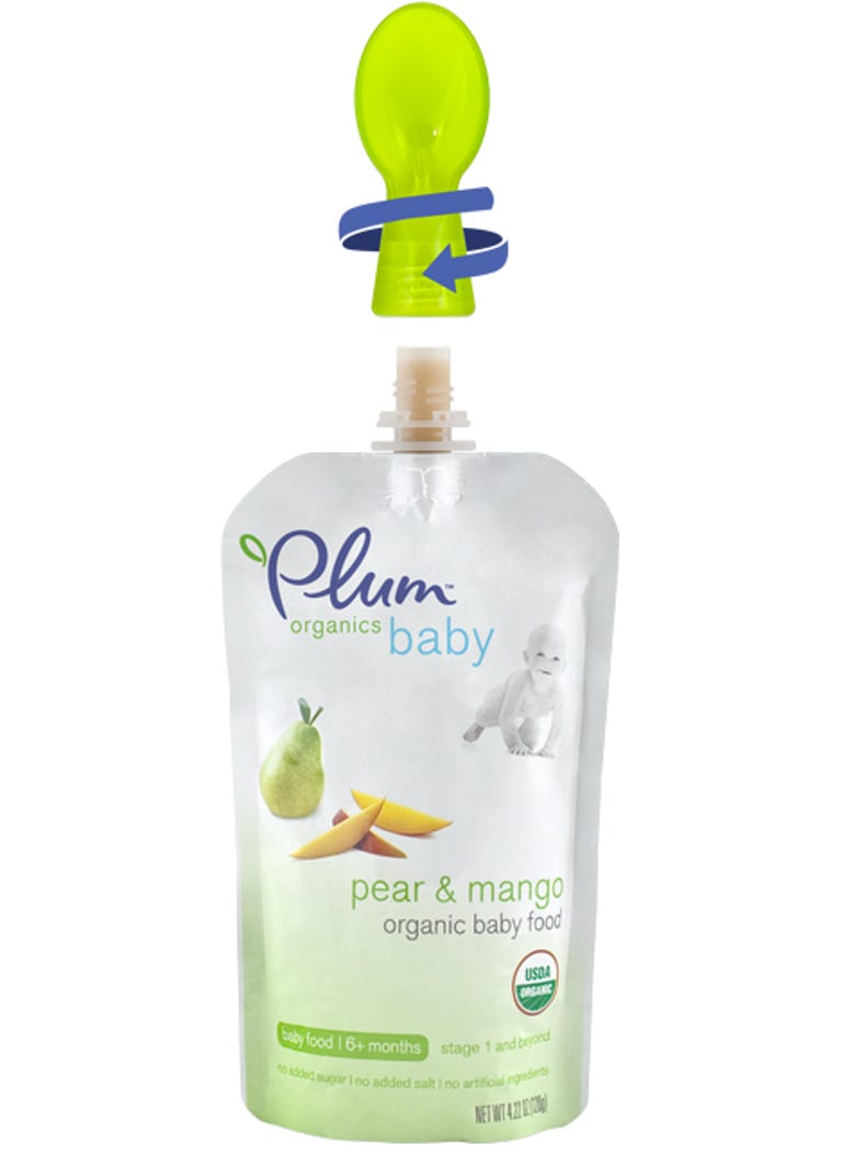 A pouch of baby food with an attached dispensing spoon.