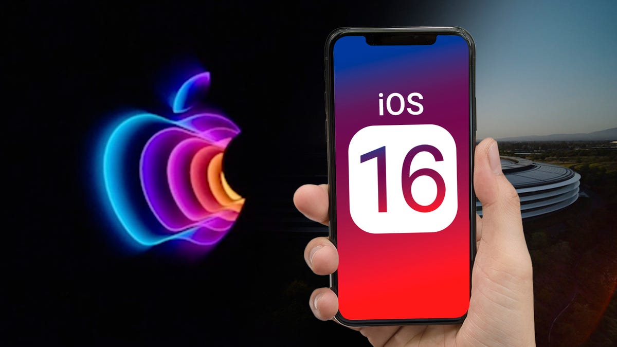 An iOS 16 logo on a phone screen held up next to an Apple logo