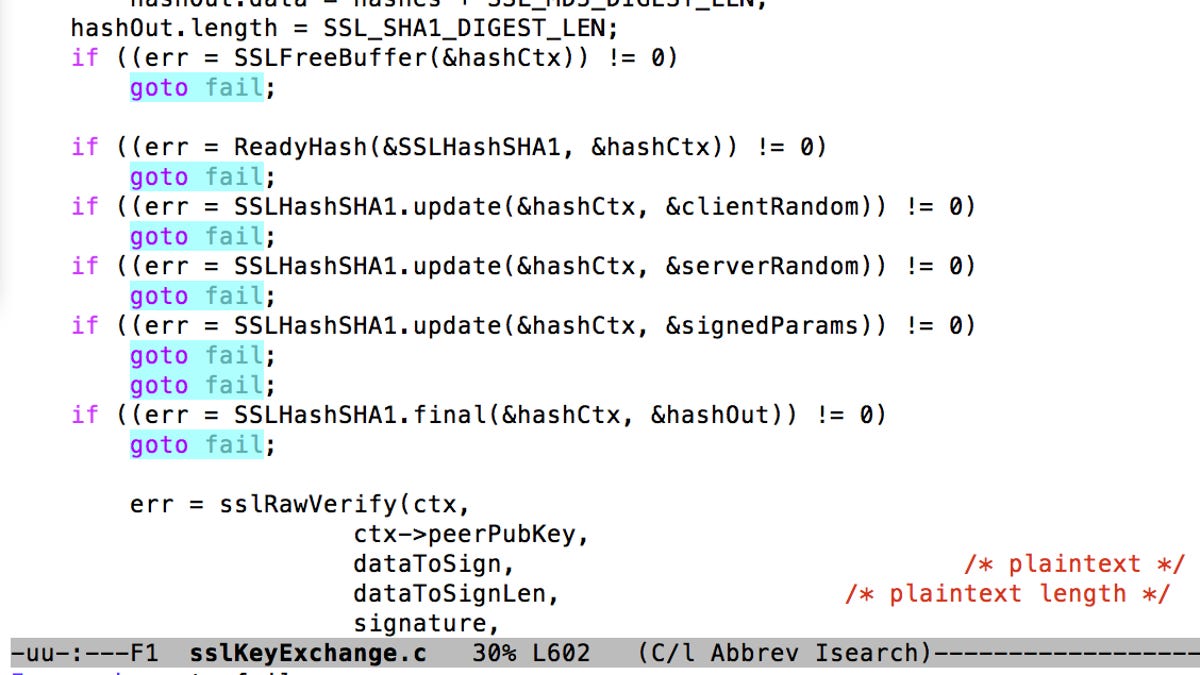 An excerpt from Apple's published source code. Note the repeated "goto fail" lines.