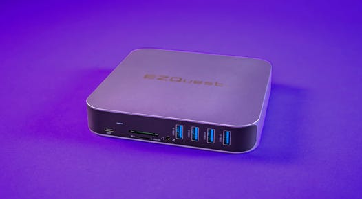 EZQuest Ultimate Plus 12-Port USB Type-C Multimedia Hub on a purple background.