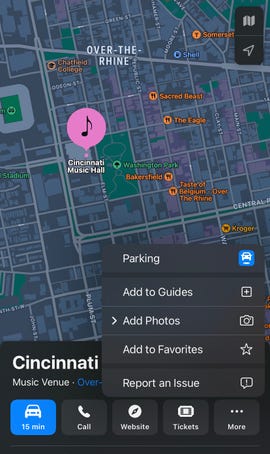 Opciones de estacionamiento de Apple Maps cerca del Cincinnati Music Hall