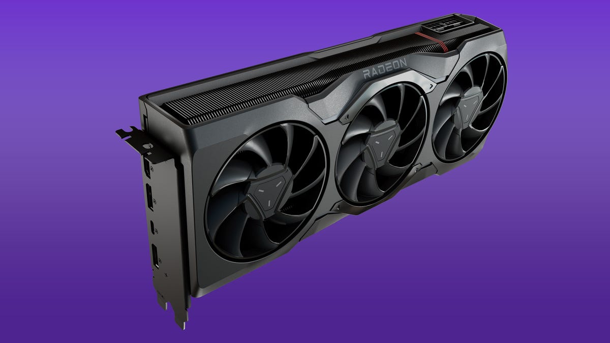 A rendering of the Radeon RX 7900 XTX card, angled back and to your right, showing the three fans and connectors
