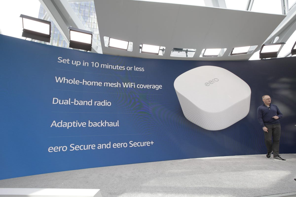 Dave Limp, Amazon's head of hardware, details the features of the third-generation Eero product for mesh Wi-Fi networking.