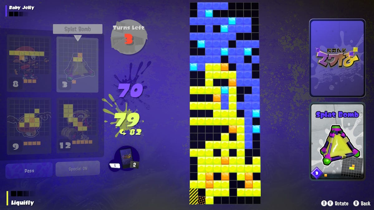 Tableturf Battle screenshot, of a puzzle battle game.